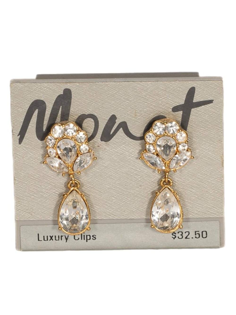Vintage Signed Monet Luxury Clips Rhinestone Clip On Earrings Gold Tone Glam